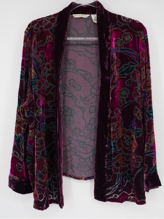 French Laundry Sweaters - French Laundry Floral Burnout Velvet Long Sleeve Open Front Kimono 2X silk blend